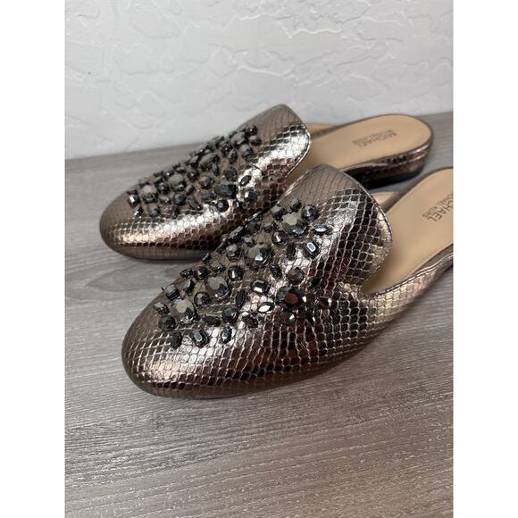 Michael Kors Edie Slide Mules Snakeskin Metallic Nickel Jeweled Leather Shoes 8 - Picture 2 of 8